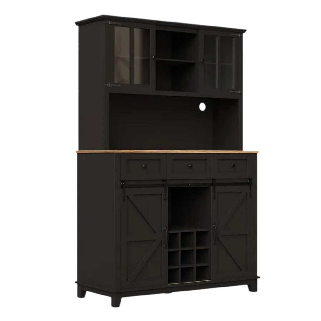 **Buffet Noir avec Rangement et Étagères en Bois**