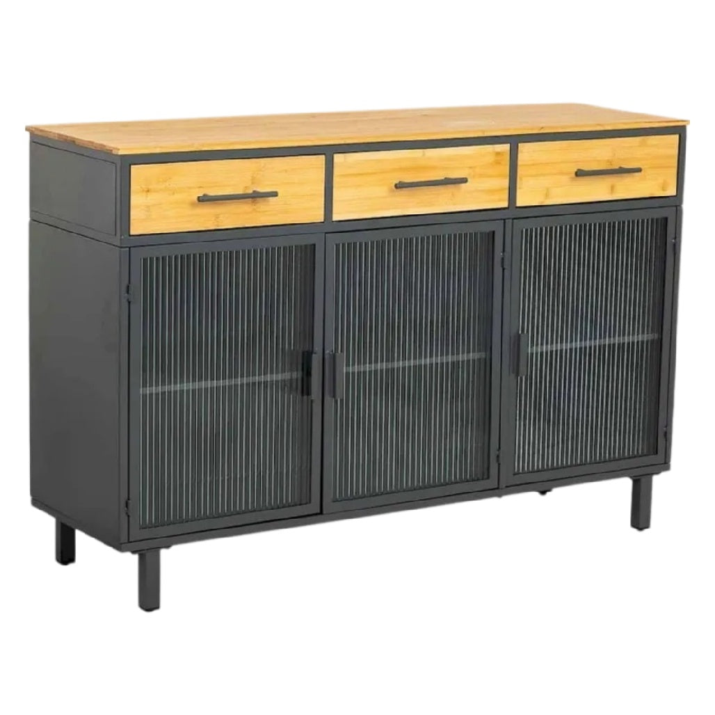**Buffet en métal et bois avec portes en verre, 3 tiroirs**