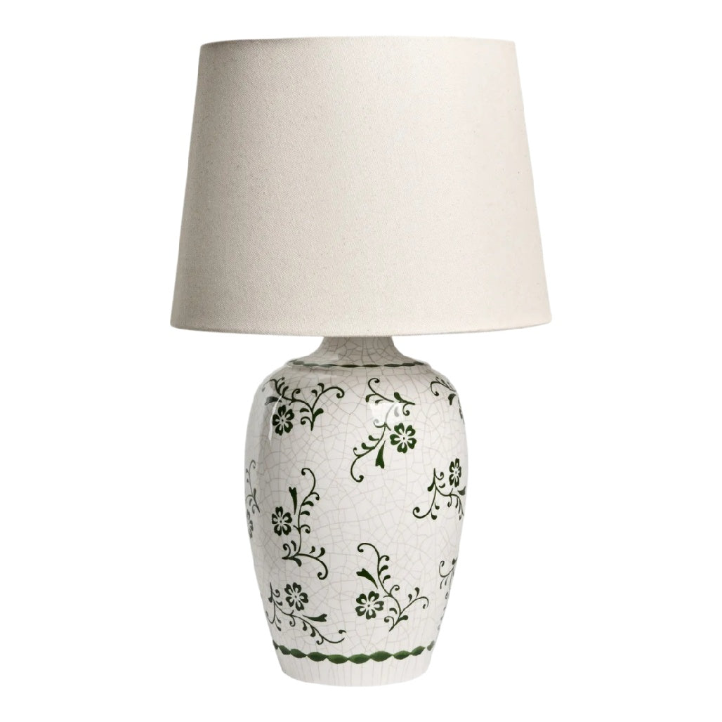 **Lampe de table en céramique avec abat-jour en tissu, motif floral vert**